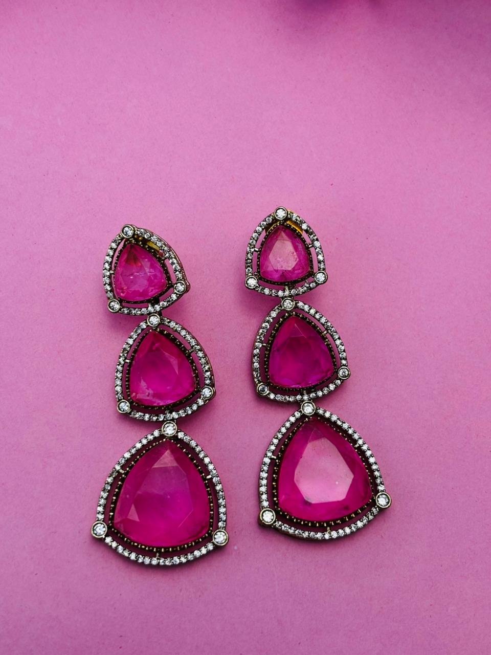 Hot Pink Trillion Cut Stone Tiered Drop Earrings - Image 4