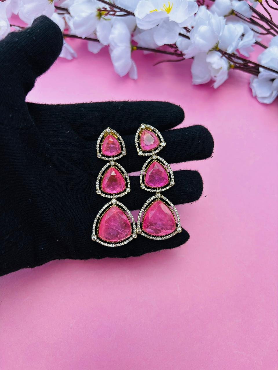 Hot Pink Trillion Cut Stone Tiered Drop Earrings - Image 3