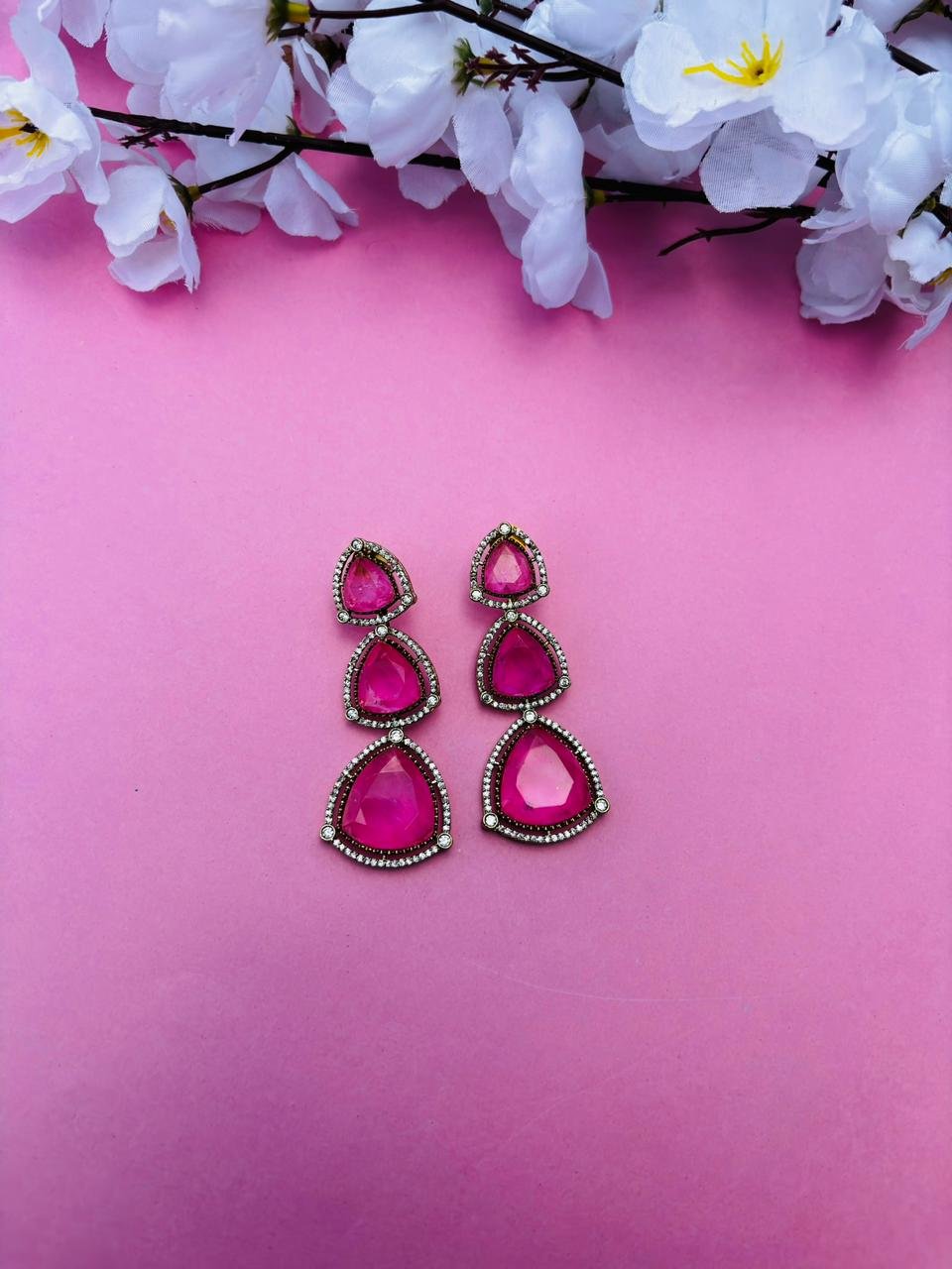 Hot Pink Trillion Cut Stone Tiered Drop Earrings - Image 2