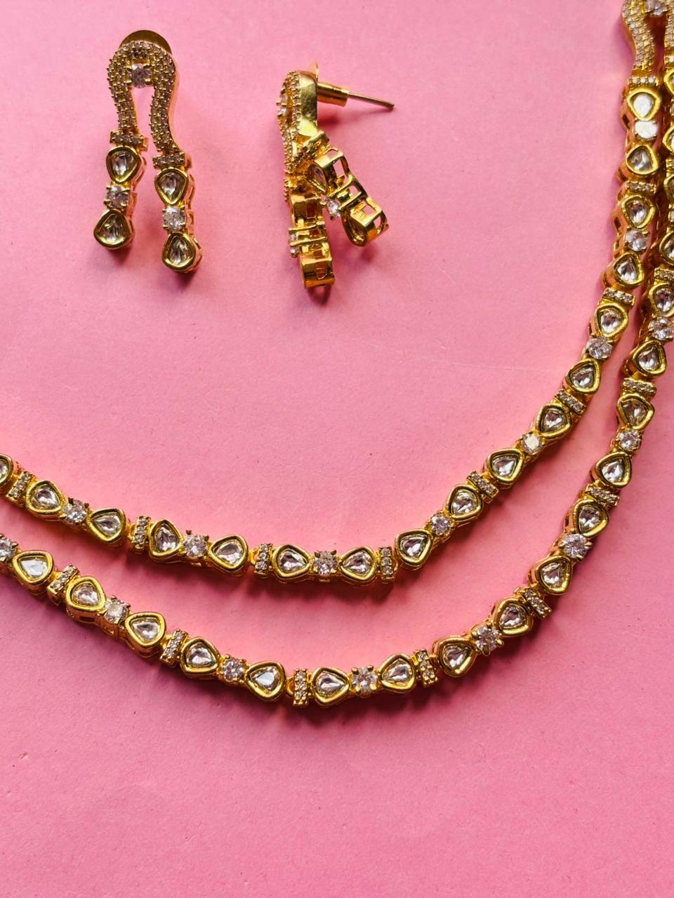 Kundan Double Layer Chain Necklace Set - Image 4