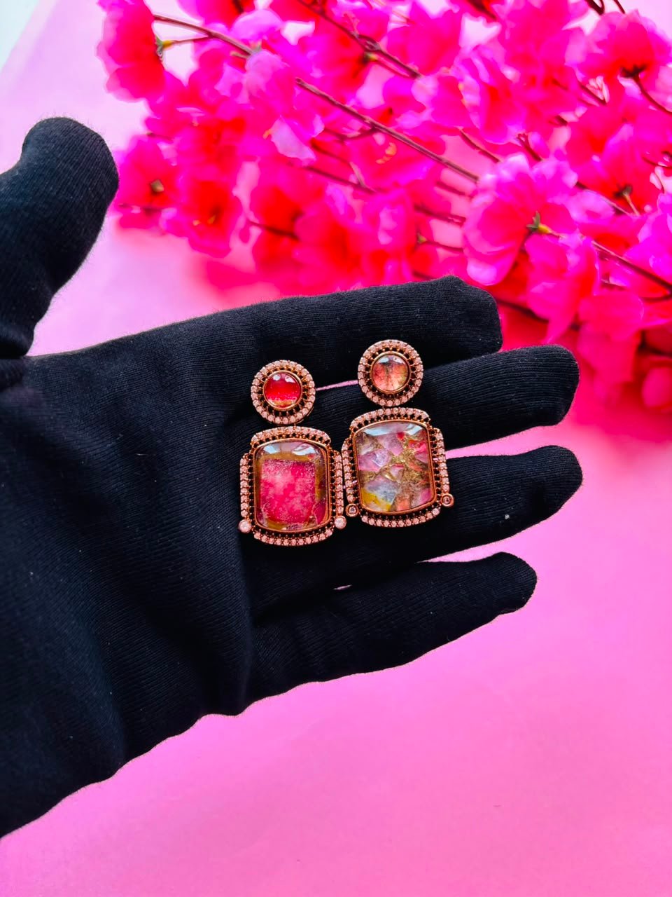 Mosaic Gemstone Drop Earrings - Image 3