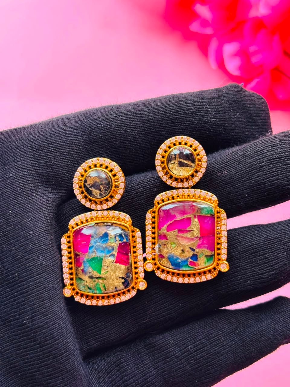 Mosaic Gemstone Drop Earrings - Image 5