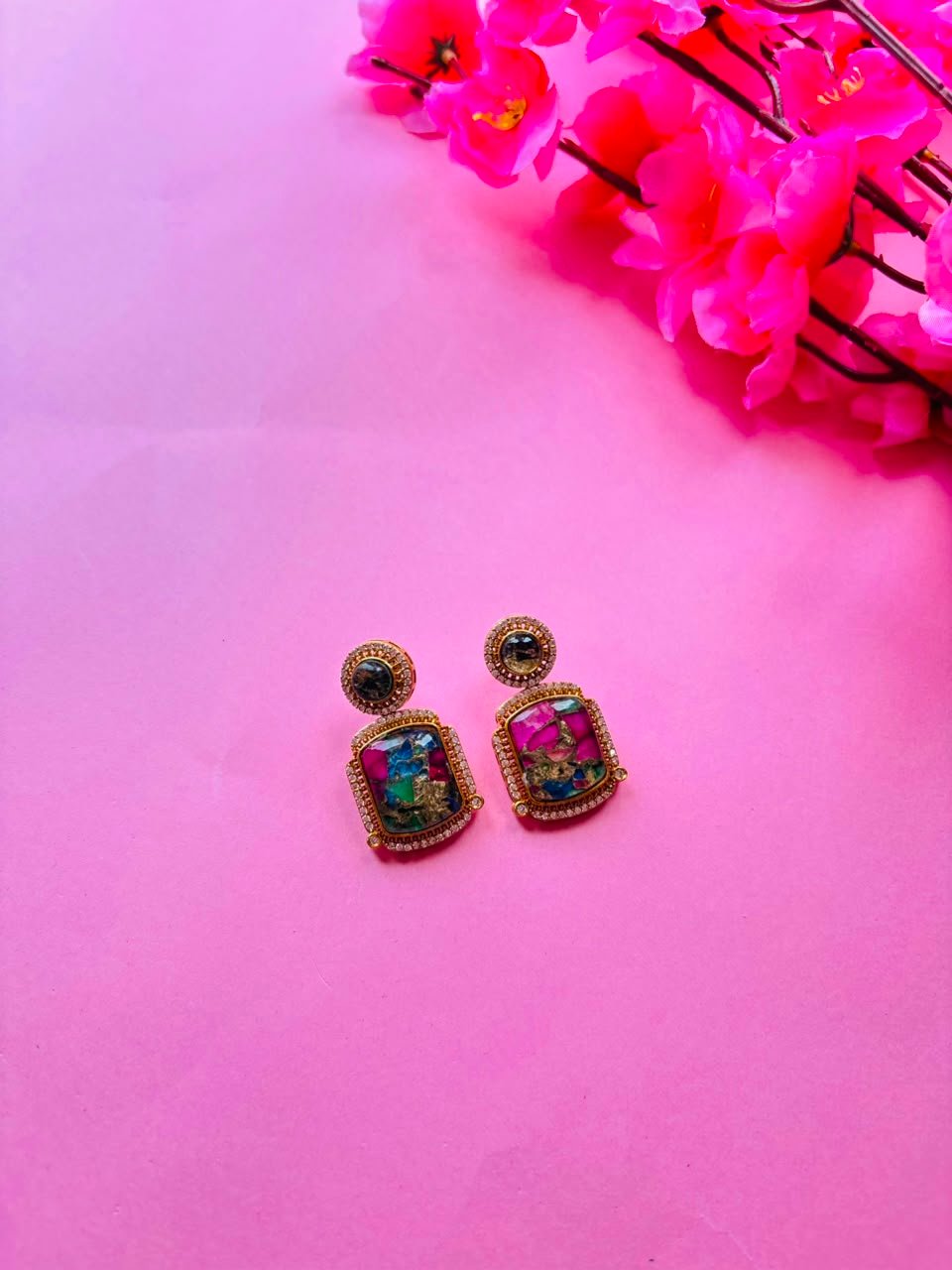 Mosaic Gemstone Drop Earrings - Image 2