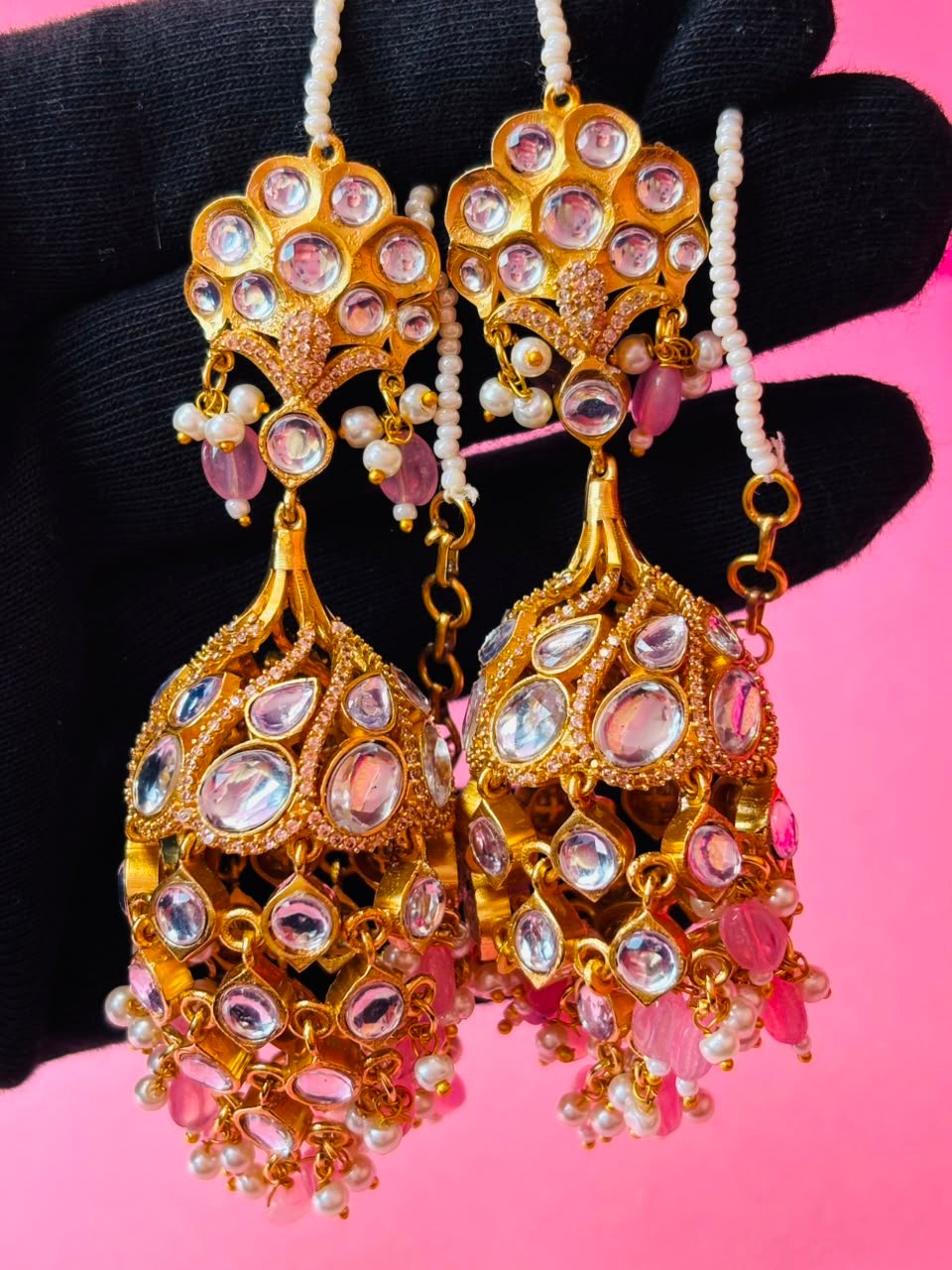 Kundan Chandbali Jhumka Earrings with Pearl & Bead Tassels - Image 8