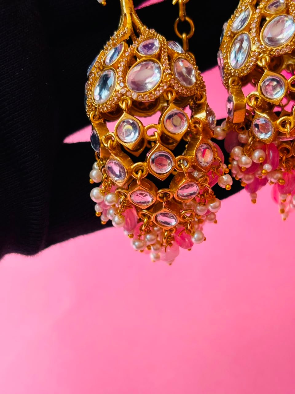 Kundan Chandbali Jhumka Earrings with Pearl & Bead Tassels - Image 7