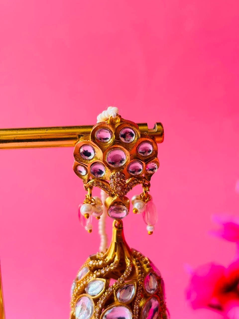 Kundan Chandbali Jhumka Earrings with Pearl & Bead Tassels - Image 4