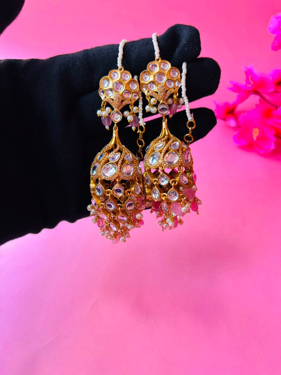 Kundan Chandbali Jhumka Earrings with Pearl & Bead Tassels - Image 6