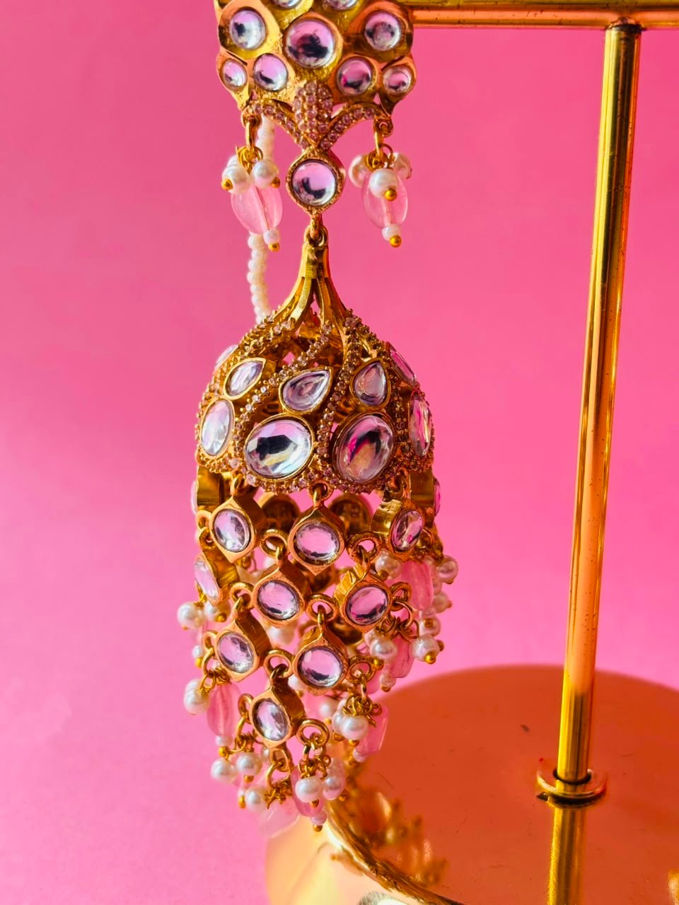 Kundan Chandbali Jhumka Earrings with Pearl & Bead Tassels - Image 3