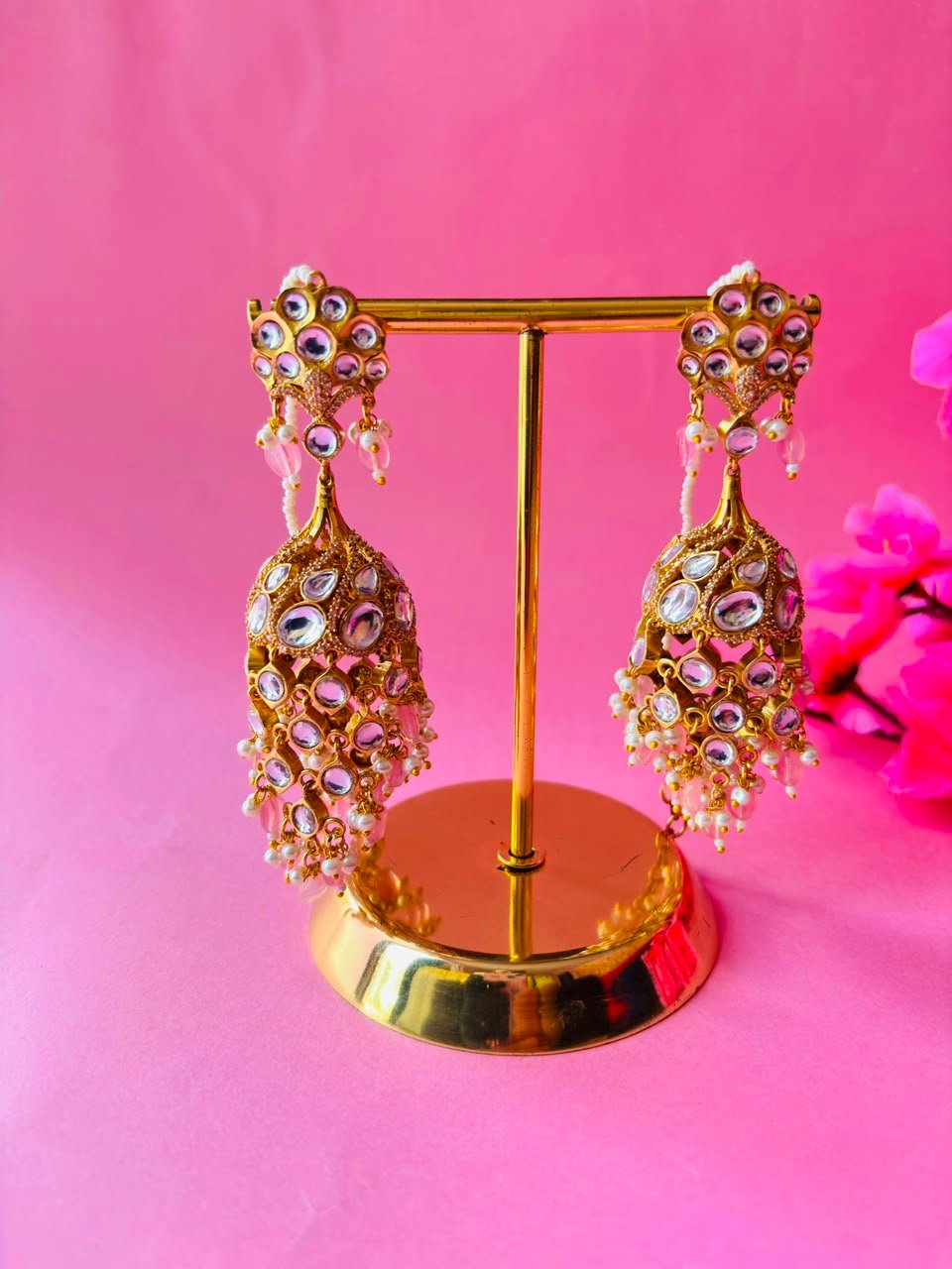Kundan Chandbali Jhumka Earrings with Pearl & Bead Tassels - Image 2