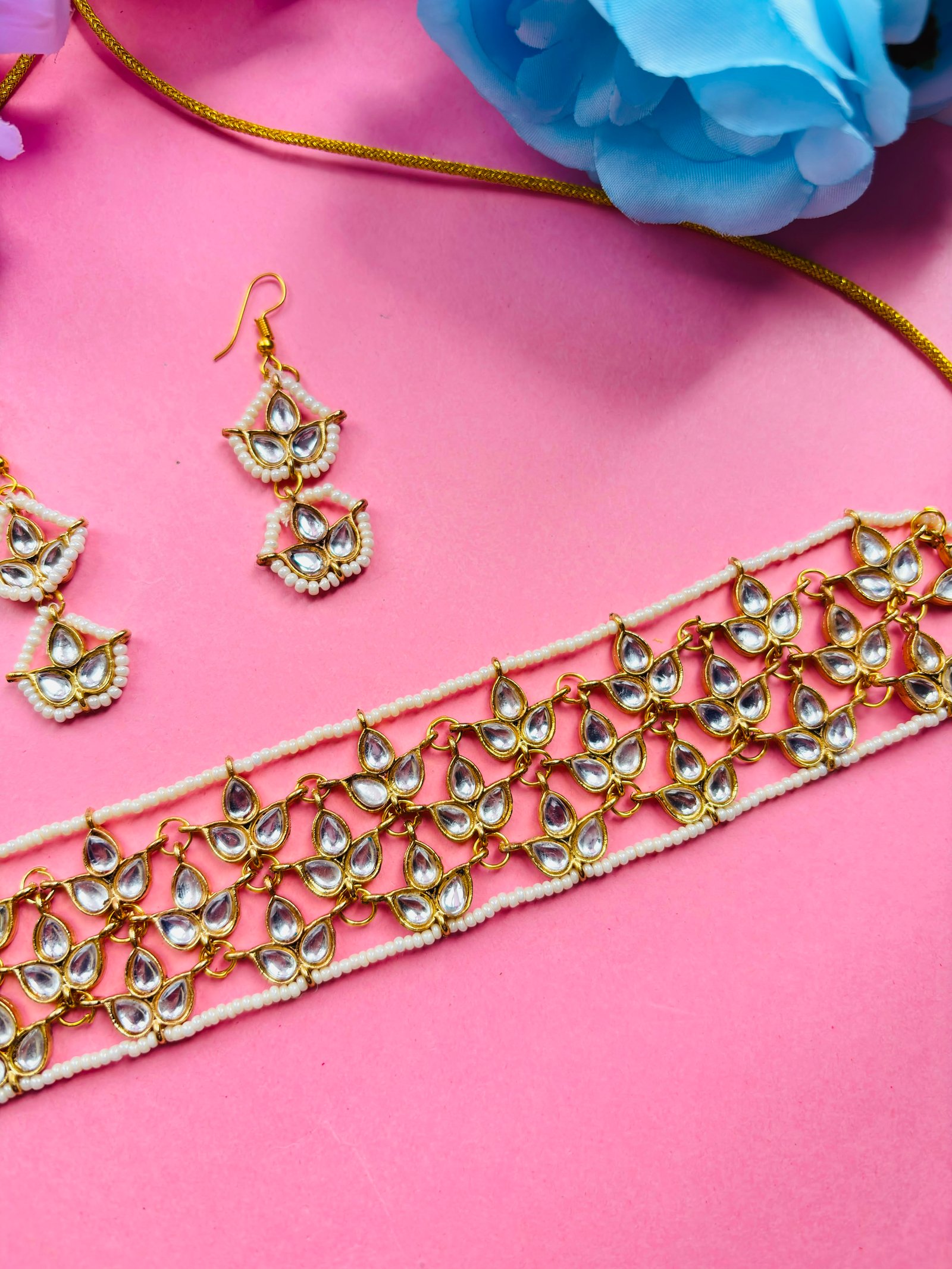 Kundan Pearl Choker Necklace with Earrings Set - Image 3