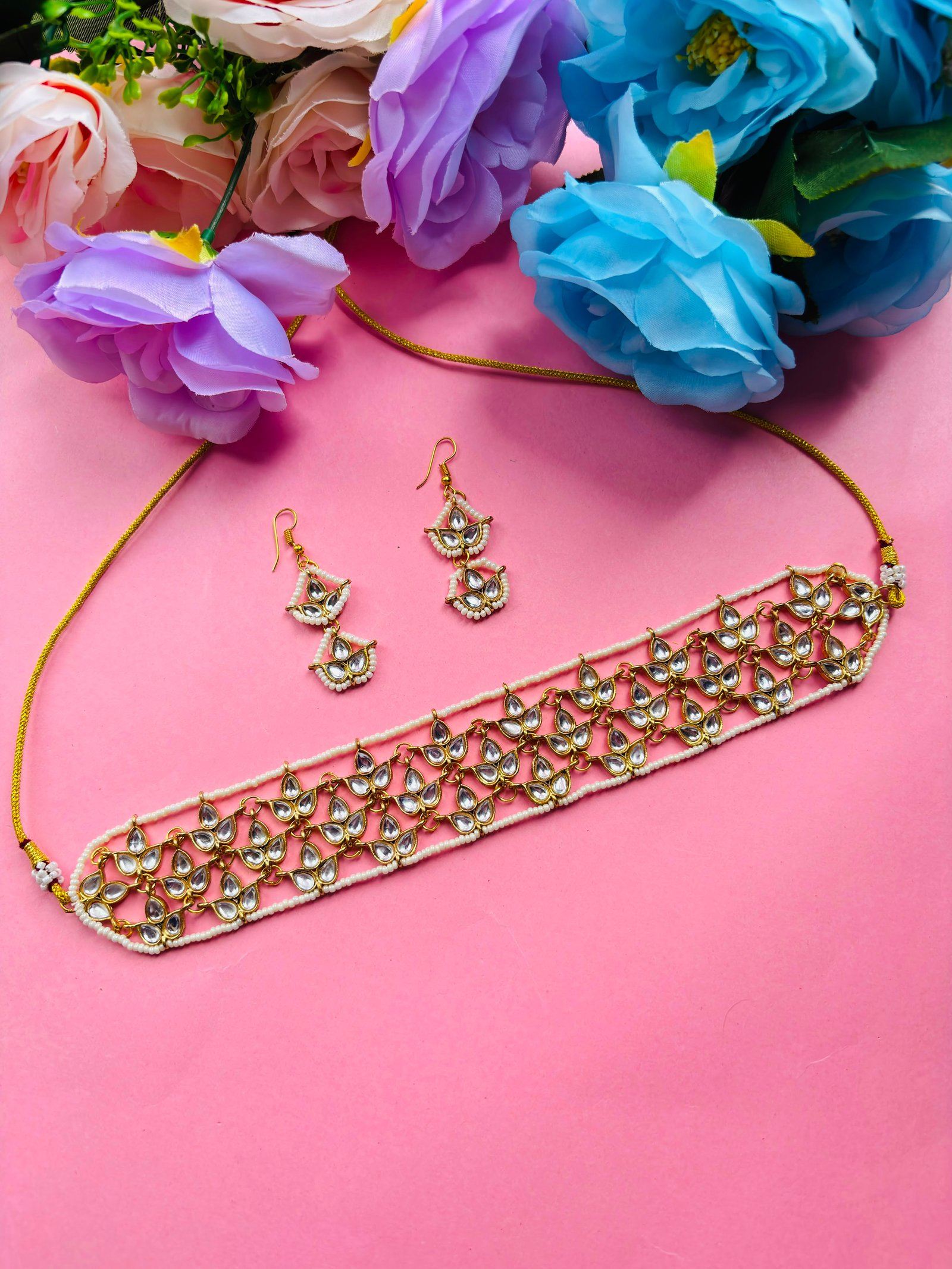 Kundan Pearl Choker Necklace with Earrings Set - Image 2
