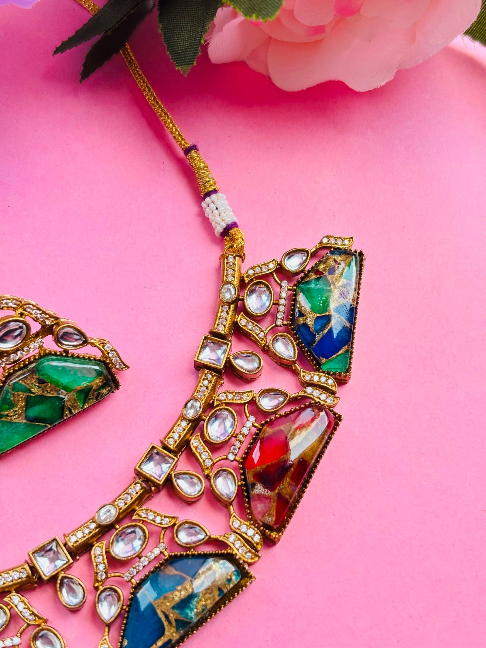 Kundan Choker Necklace Set With Multi Stone Pendant - Image 4