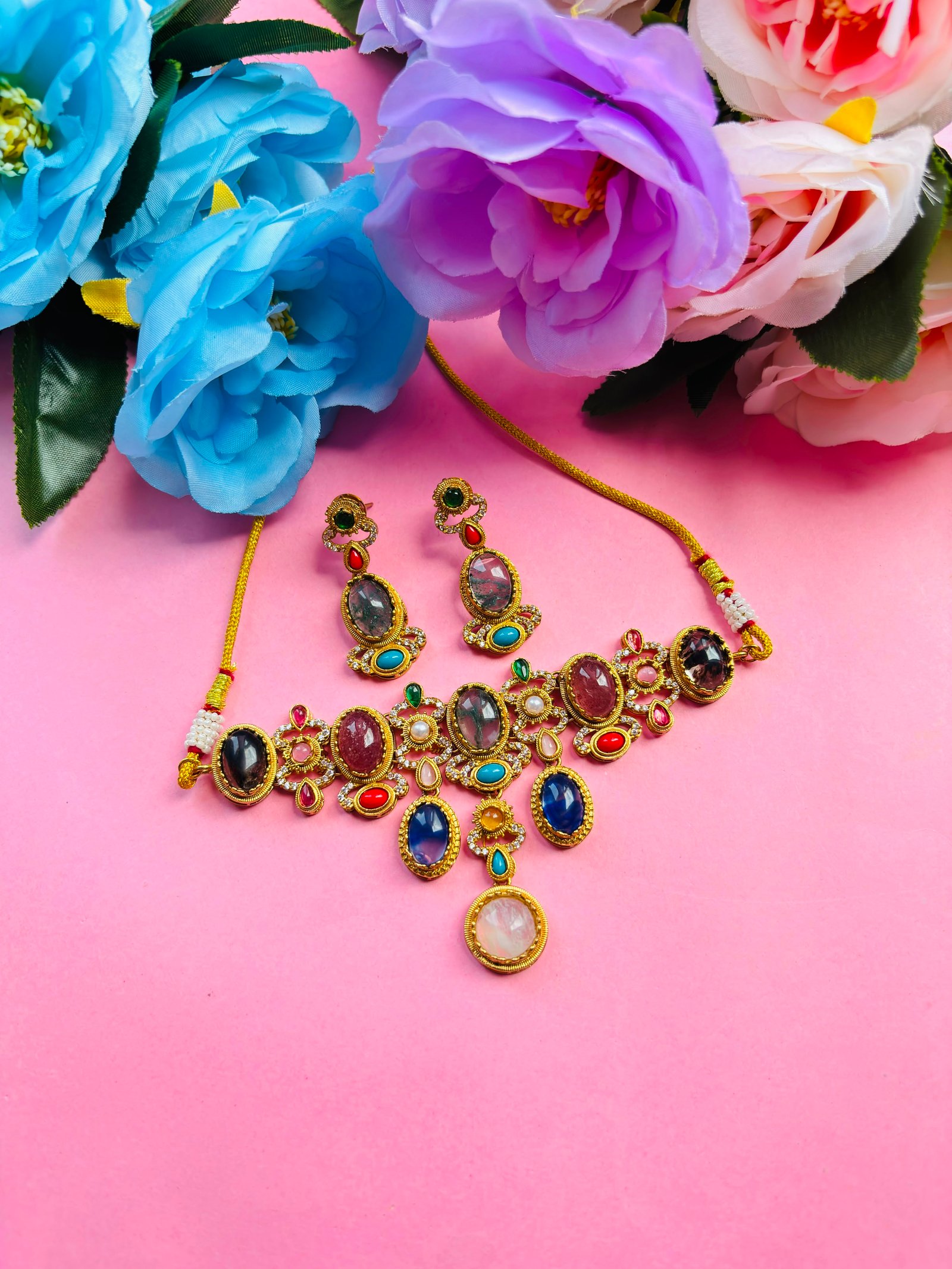 Sabyasachi Inspired Multicolor Stone Necklace Set For Women - Image 2