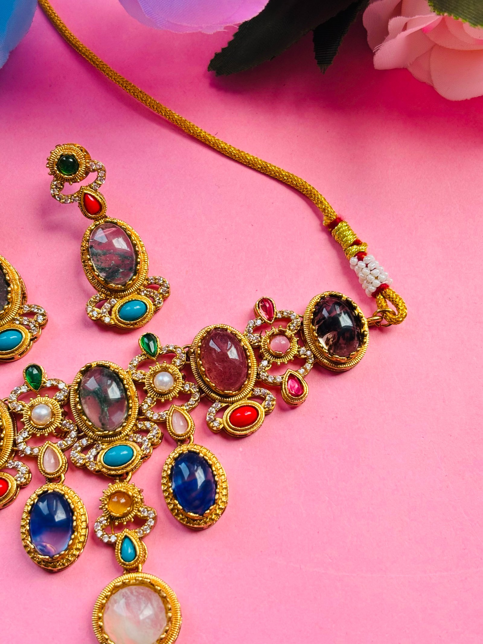 Sabyasachi Inspired Multicolor Stone Necklace Set For Women - Image 4