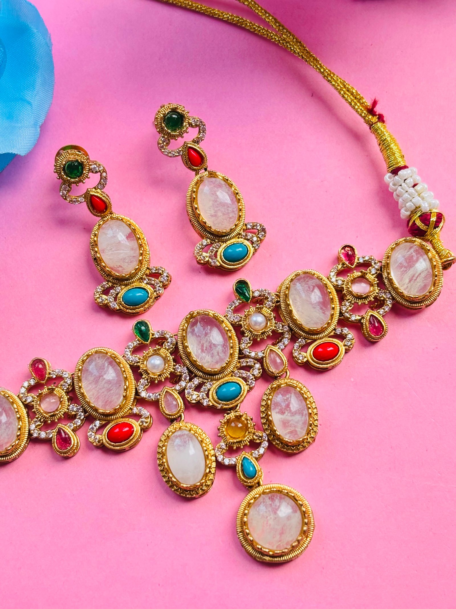 Sabyasachi Inspired Multicolor Stone Necklace Set For Women - Image 3
