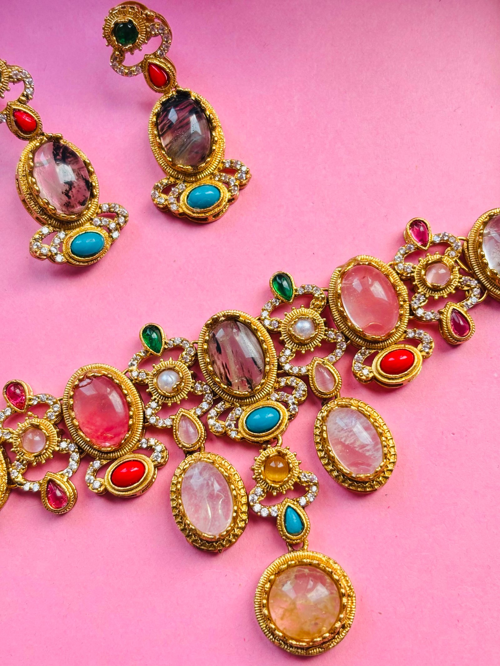 Sabyasachi Inspired Multicolor Stone Necklace Set For Women - Image 3