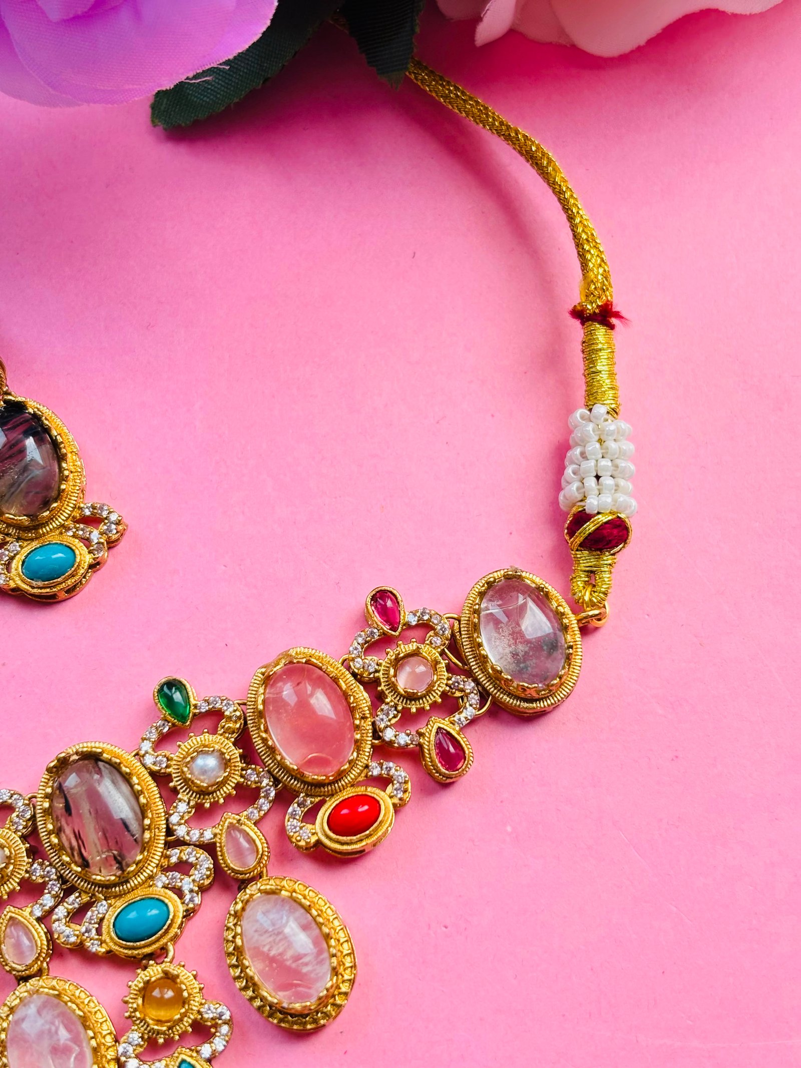 Sabyasachi Inspired Multicolor Stone Necklace Set For Women - Image 4