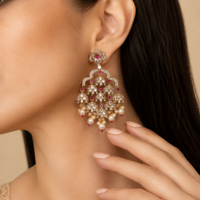 Gold Plated CZ Multi-Jhumki Chandbali Earrings with Pearl Drops for Women, Bridal Wear