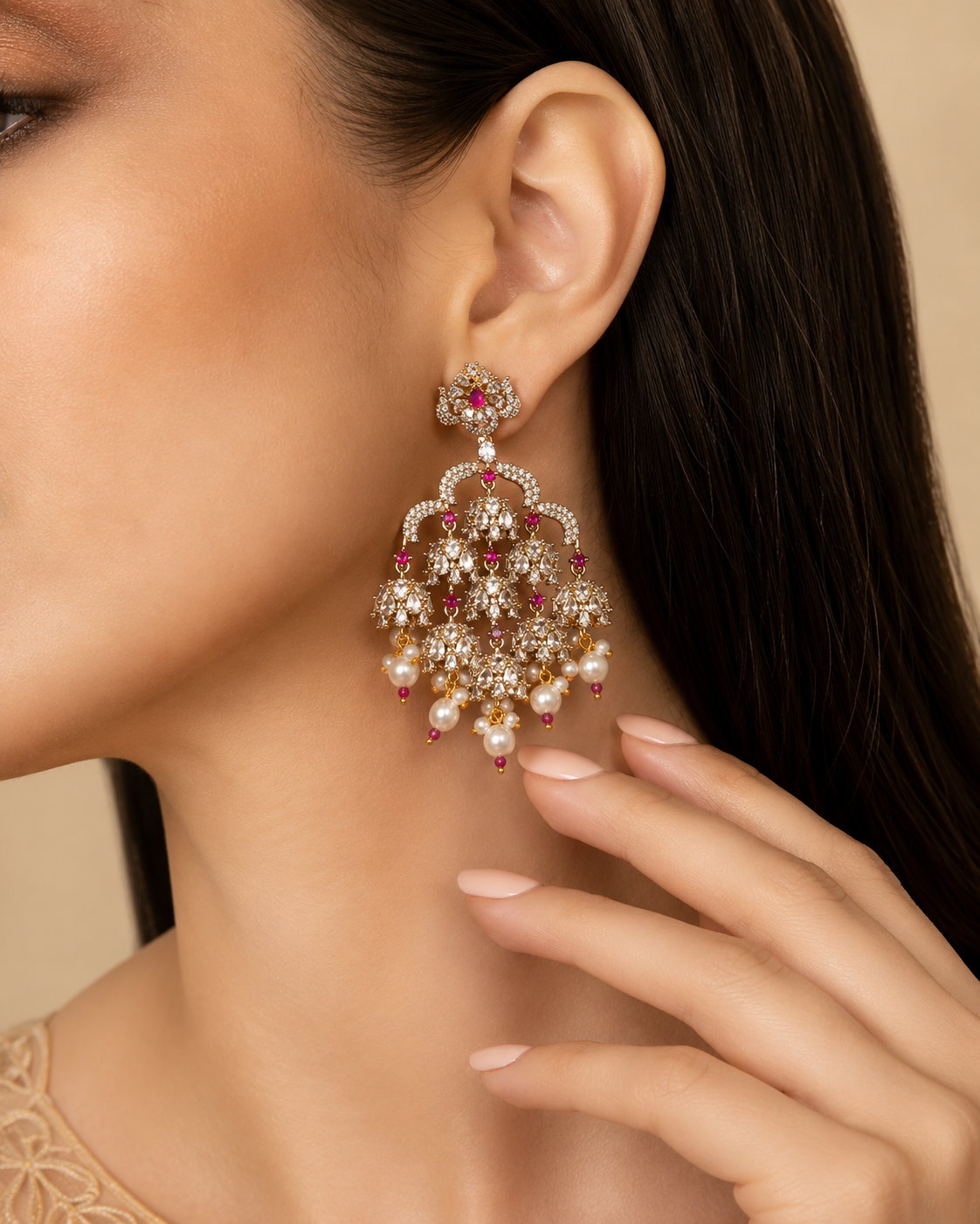 Gold Plated CZ Multi-Jhumki Chandbali Earrings with Pearl Drops for Women, Bridal Wear