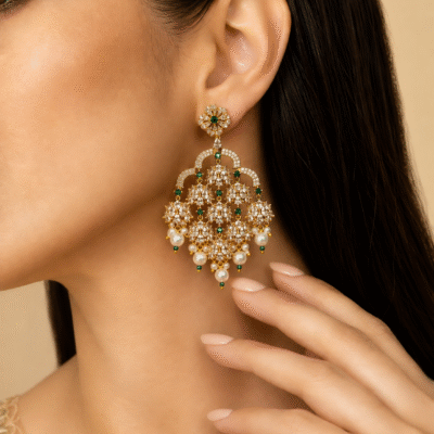 Gold Plated CZ Multi-Jhumki Chandbali Earrings with Pearl Drops for Women, Bridal Wear