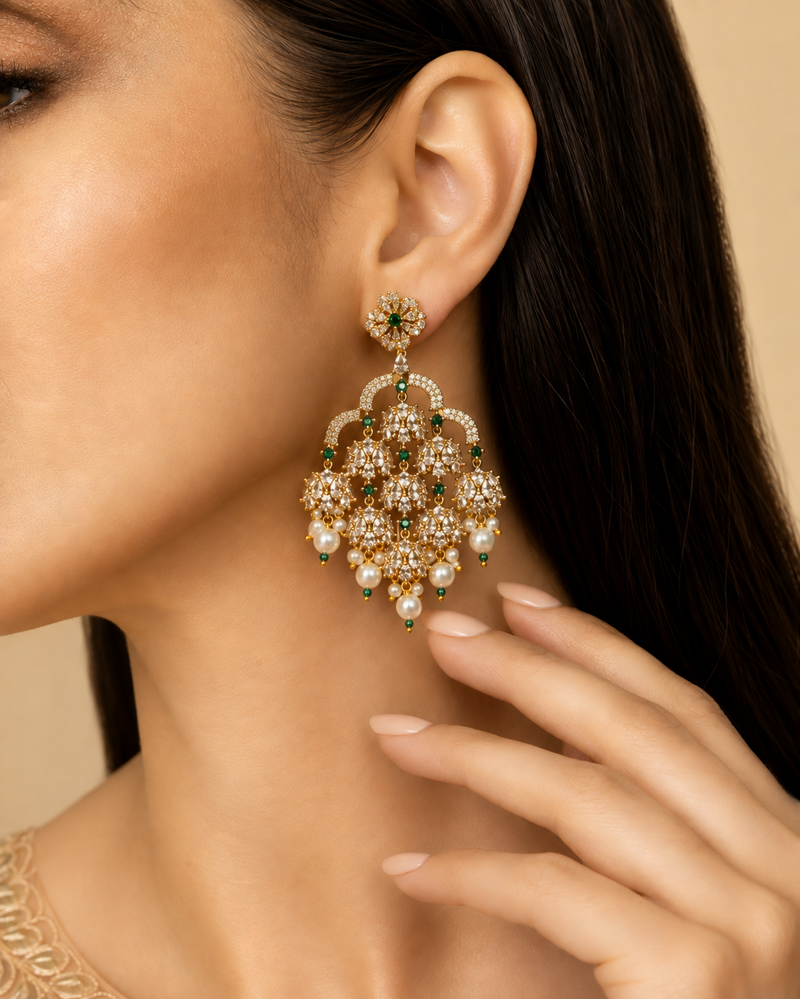 Gold Plated CZ Multi-Jhumki Chandbali Earrings with Pearl Drops for Women, Bridal Wear
