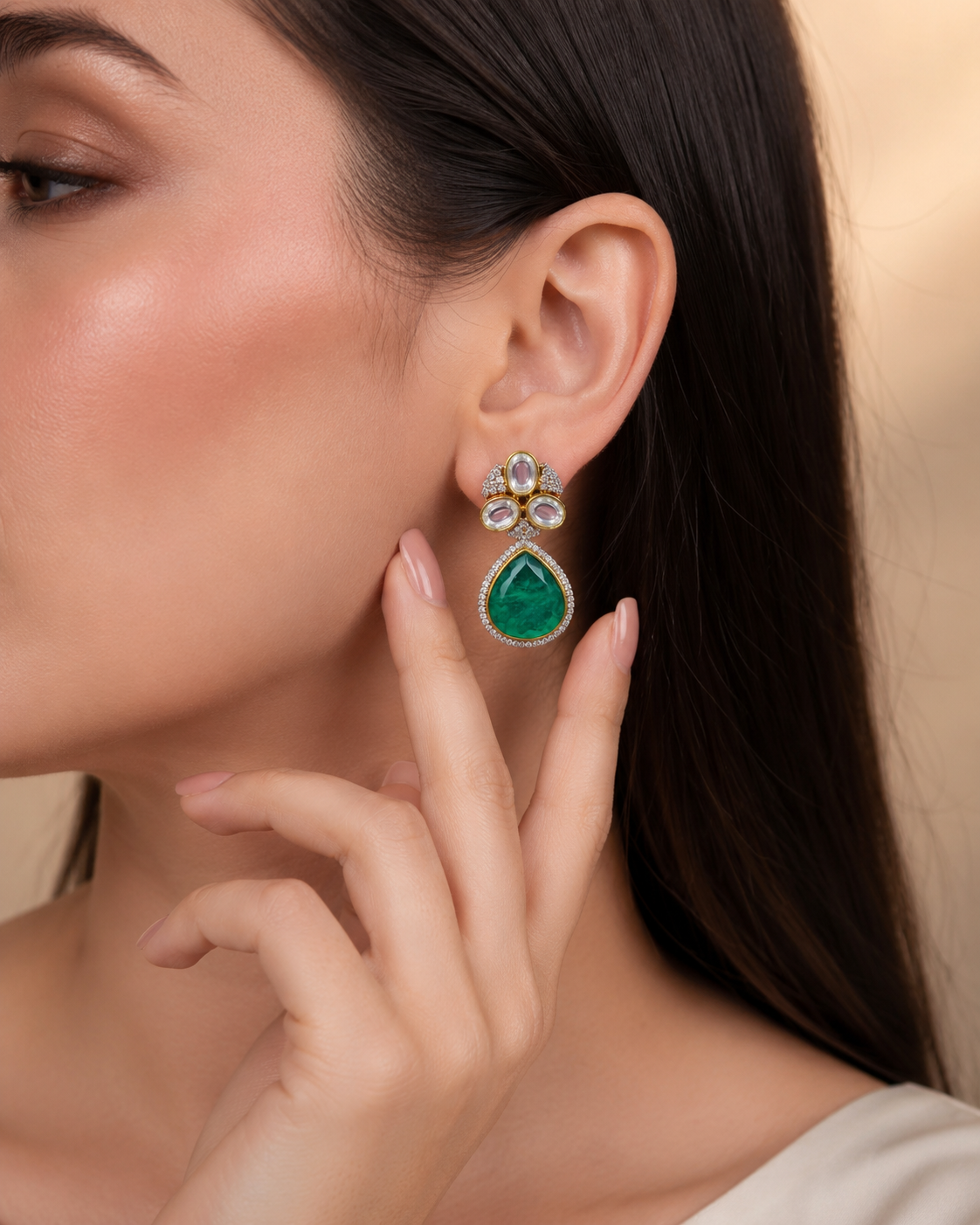 Kundan Drop Earrings With Green Stone For Women