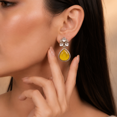 Kundan Drop Earrings With Yellow Stone For Women