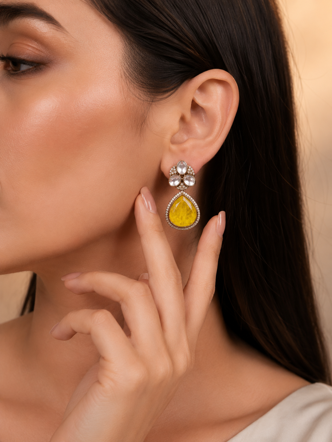 Kundan Drop Earrings With Yellow Stone For Women