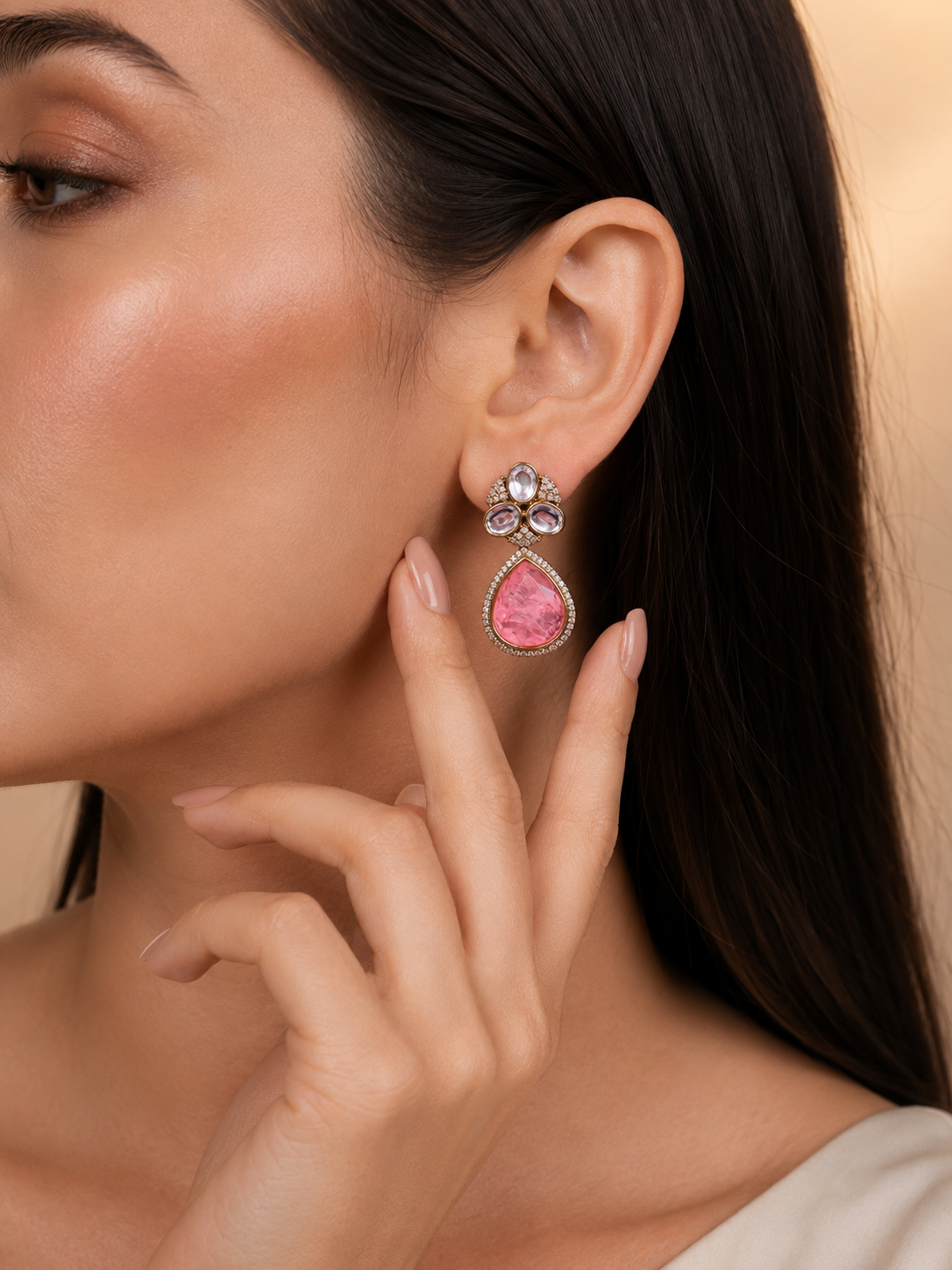 Kundan Drop Earrings With Pink Stone For Women