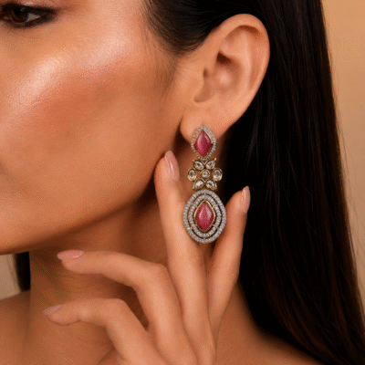 Kundan Drop Earrings With Pink Stone For Women