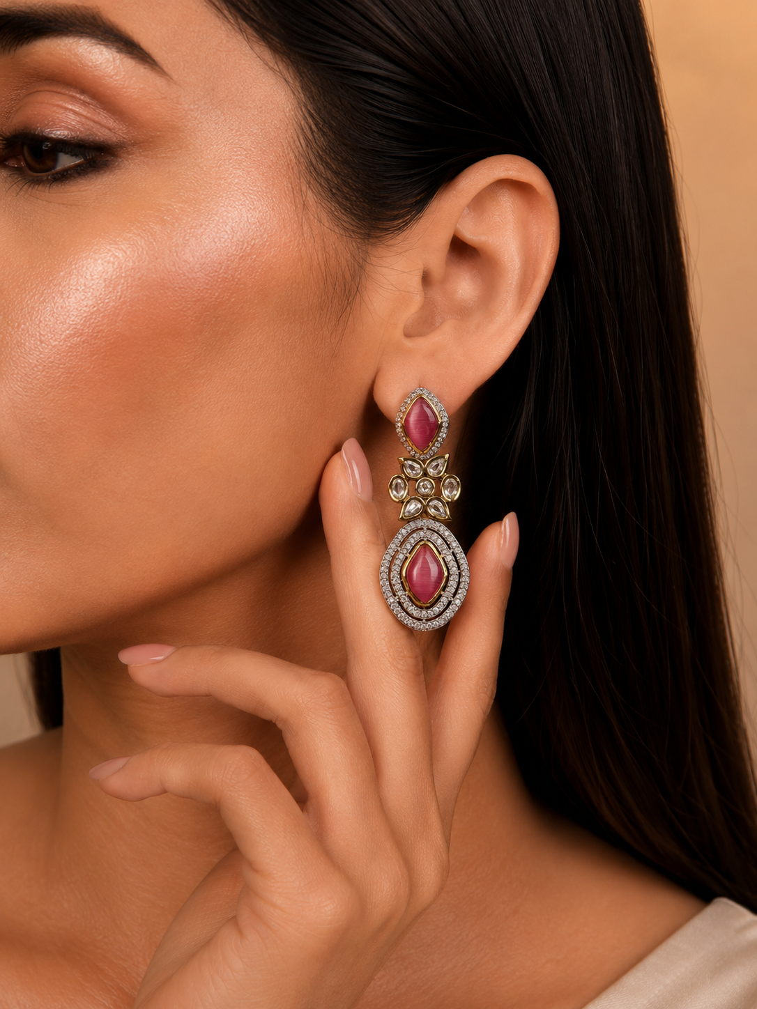 Kundan Drop Earrings With Pink Stone For Women