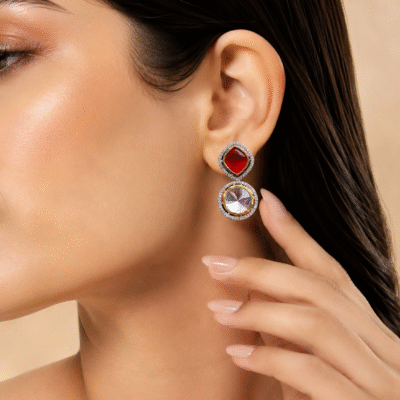 Kundan Drop Earrings With Red Ruby Stone