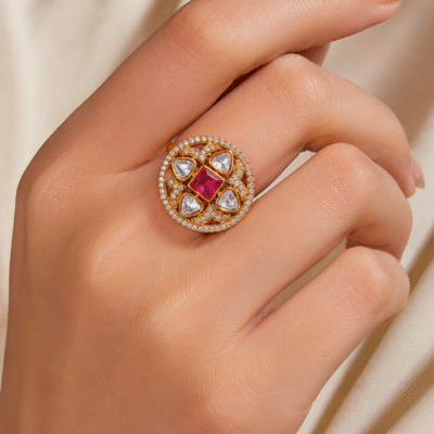 AD Adjustable Ring With Ruby Red Stone For Women