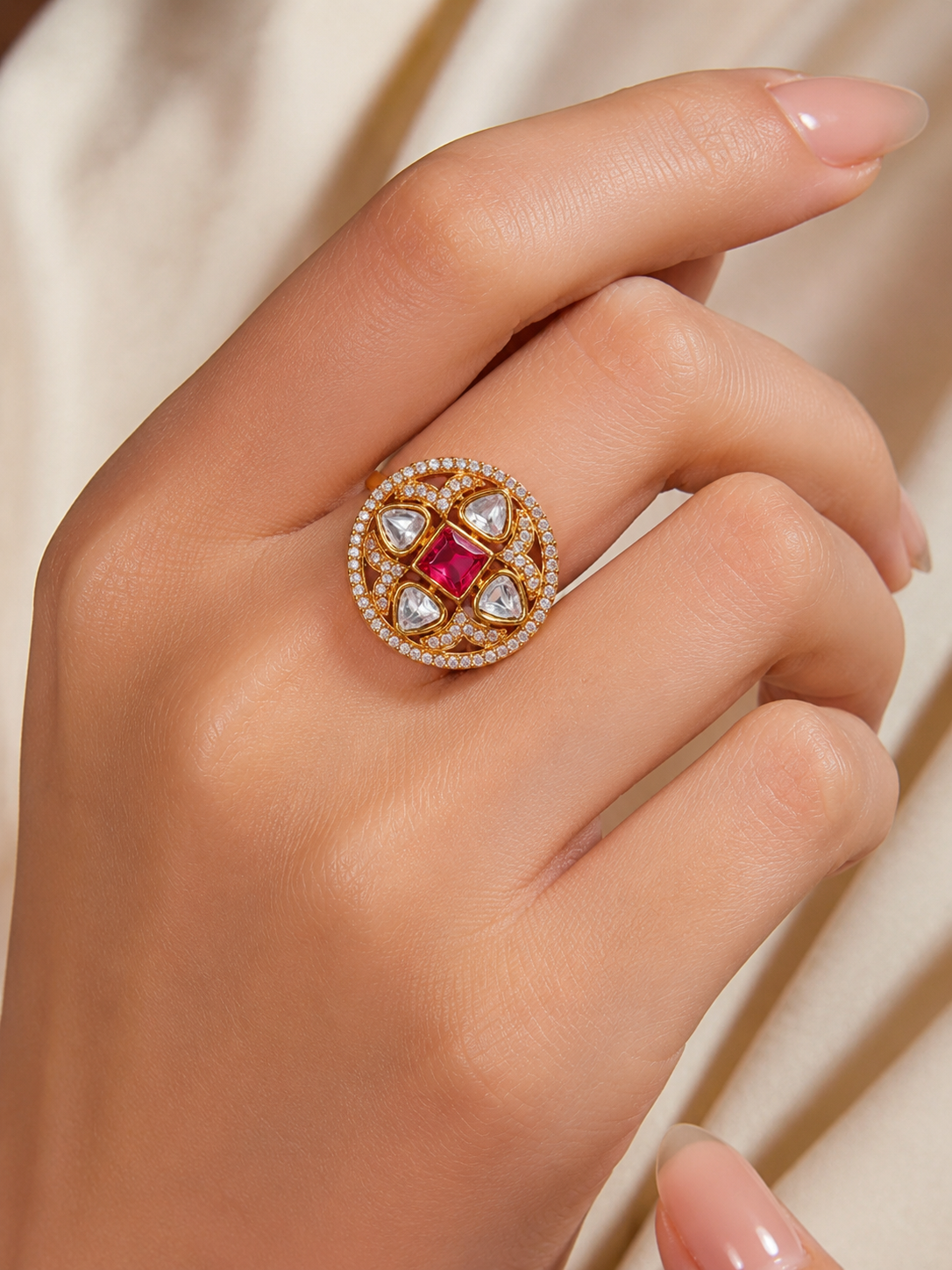 AD Adjustable Ring With Ruby Red Stone For Women