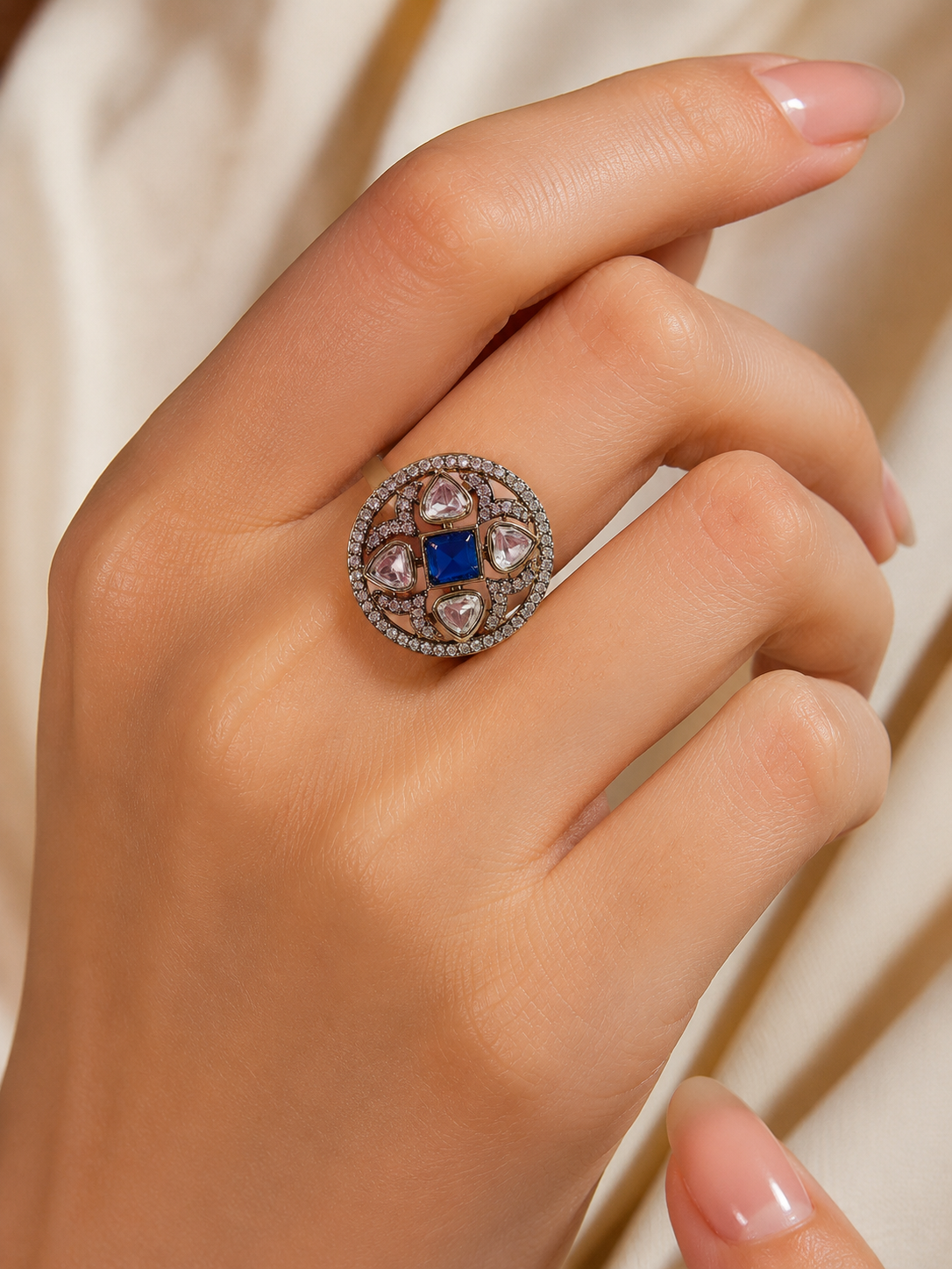 AD Adjustable Ring With Blue Stone For Women