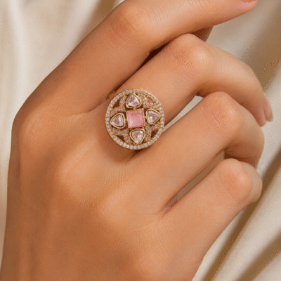 AD Adjustable Ring With Pink Stone For Women