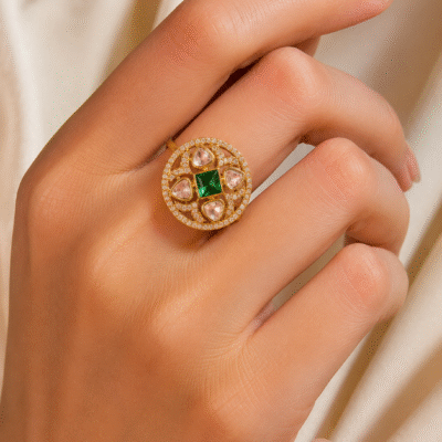 AD Adjustable Ring With Green Stone For Women