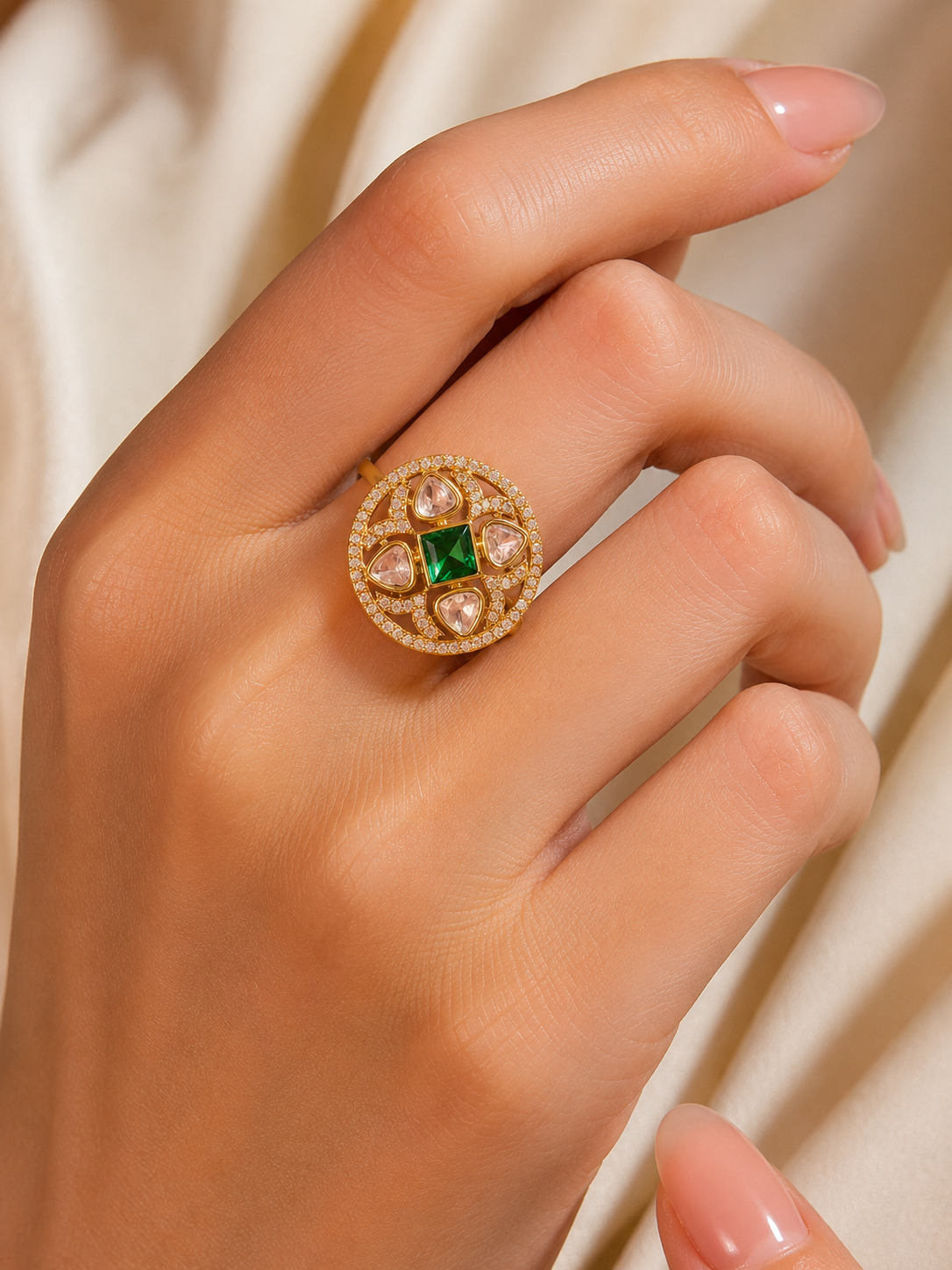 AD Adjustable Ring With Green Stone For Women