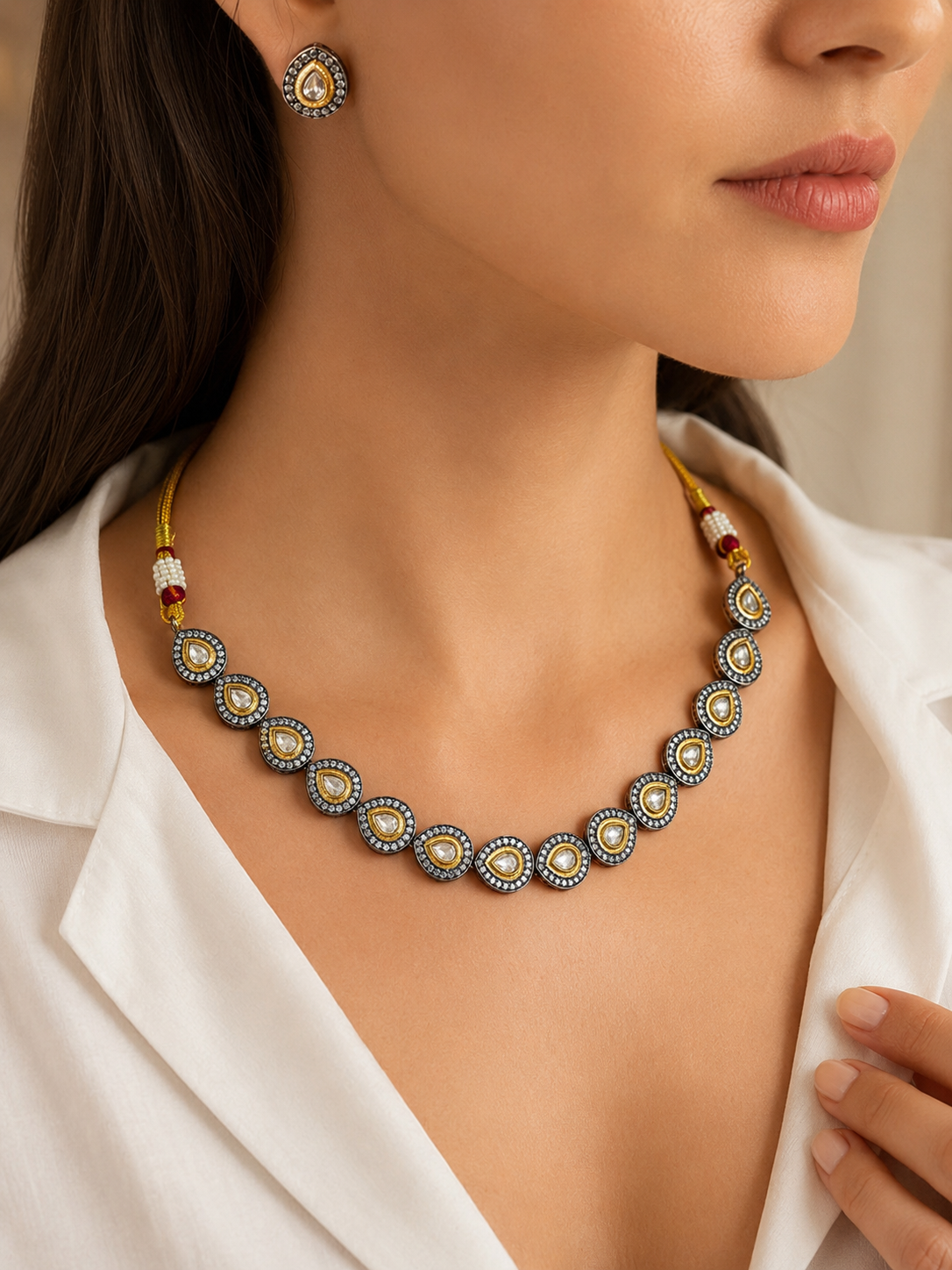 Victorian Kundan Teardrop Necklace with Stud Earrings