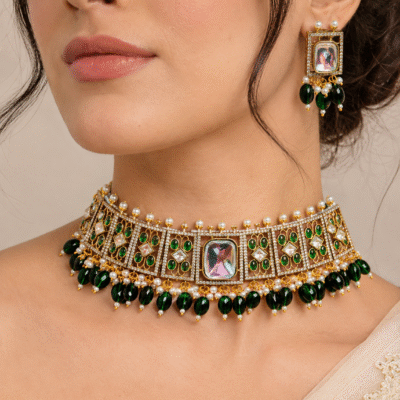 Kundan Choker Set with Green Beaded Drops