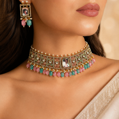 Kundan Choker Set with Pink & Green Beaded Drops