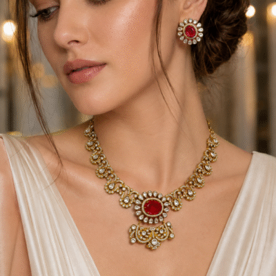 Antique Gold Necklace Set With Red Stone