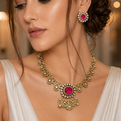 Antique Gold Necklace Set With Pink Ruby Stone