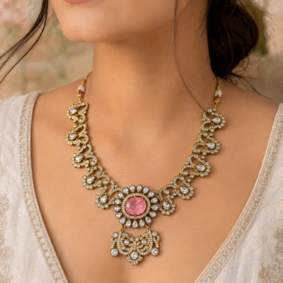 Antique Gold Necklace Set With Pink Stone