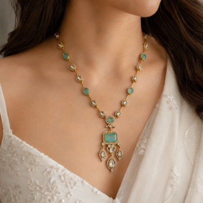 Antique Gold Necklace Set With Sea Green Stones
