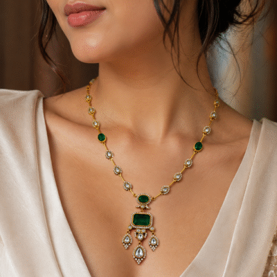 Antique Gold Necklace Set With Green Stones