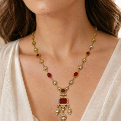 Antique Gold Necklace Set With Red Stones