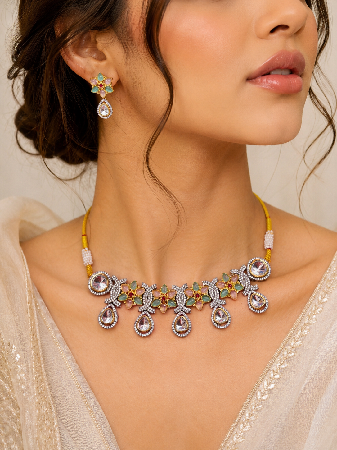 American Diamond Multicolor Floral Necklace Set For Women