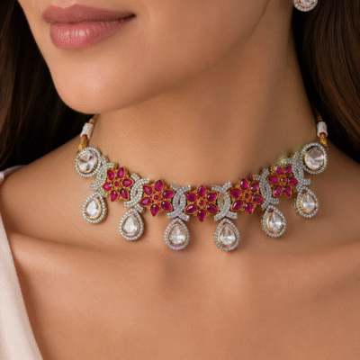 American Diamond Ruby Red Floral Necklace Set For Women
