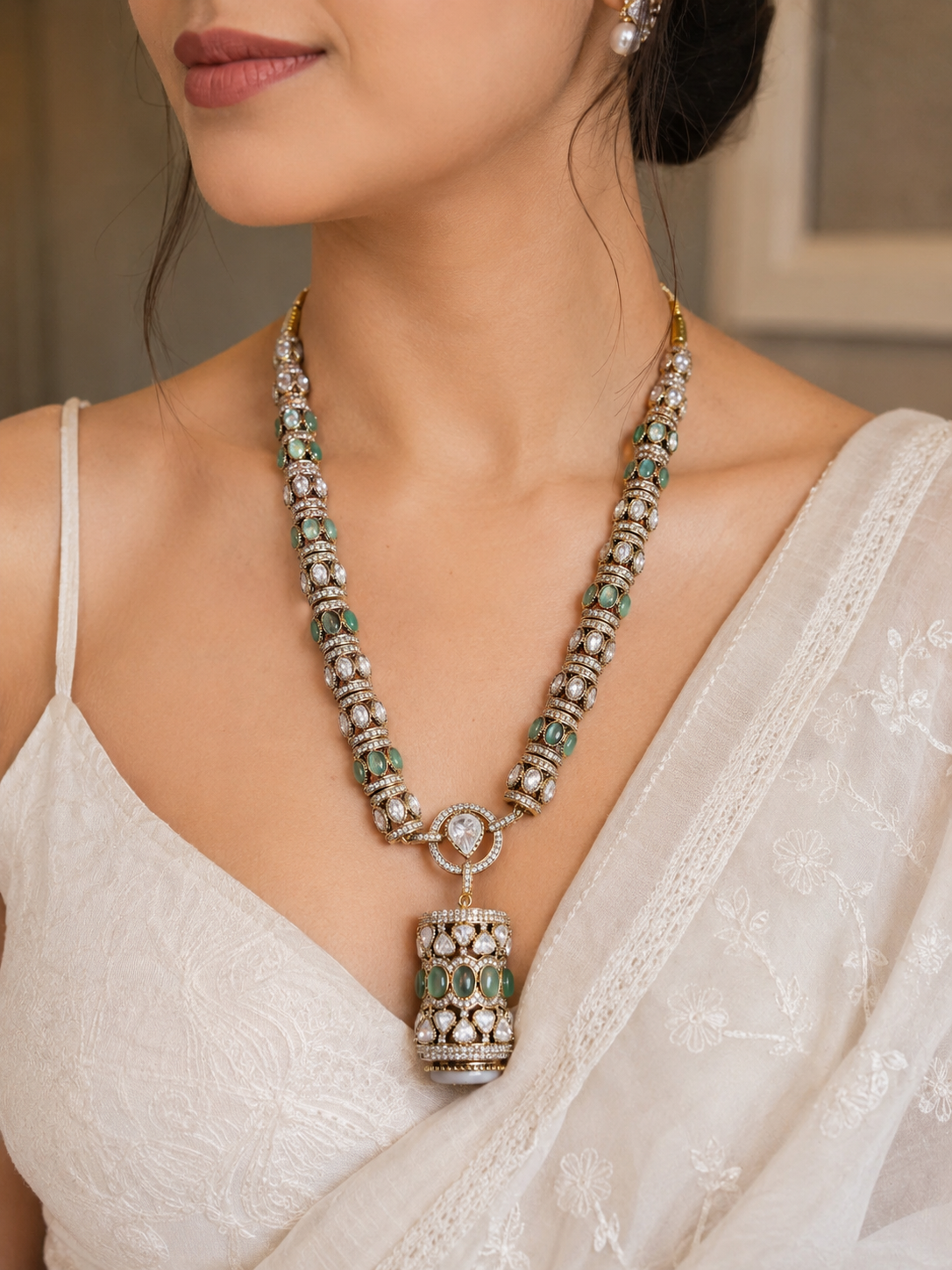 Antique Gold Long Necklace Set With Green Stones